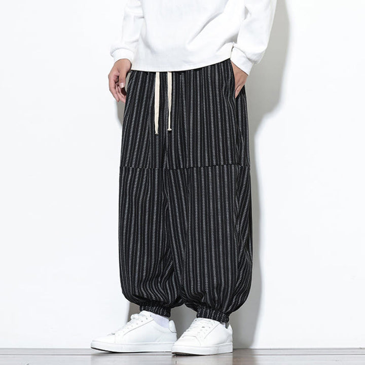 Buddha Stones秋 ストライプ柄 ドローストリング メンズ ハーレム コーデュロイ パンツ ポケット付き - image 9