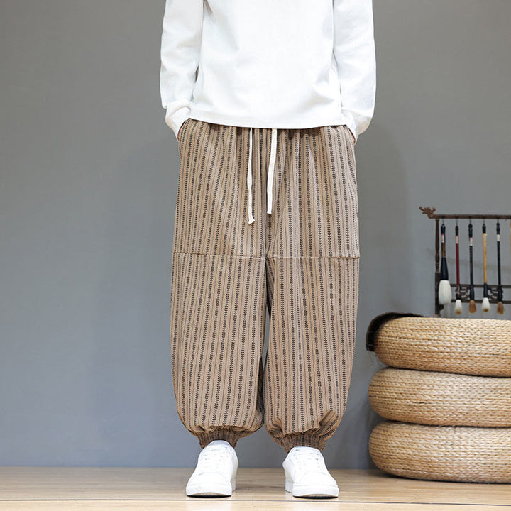 Buddha Stones秋 ストライプ柄 ドローストリング メンズ ハーレム コーデュロイ パンツ ポケット付き - image 62
