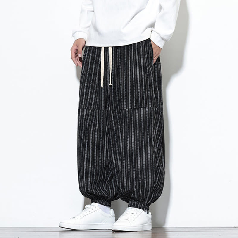 Buddha Stones秋 ストライプ柄 ドローストリング メンズ ハーレム コーデュロイ パンツ ポケット付き - image 9