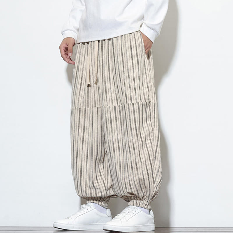 Buddha Stones秋 ストライプ柄 ドローストリング メンズ ハーレム コーデュロイ パンツ ポケット付き - image 20