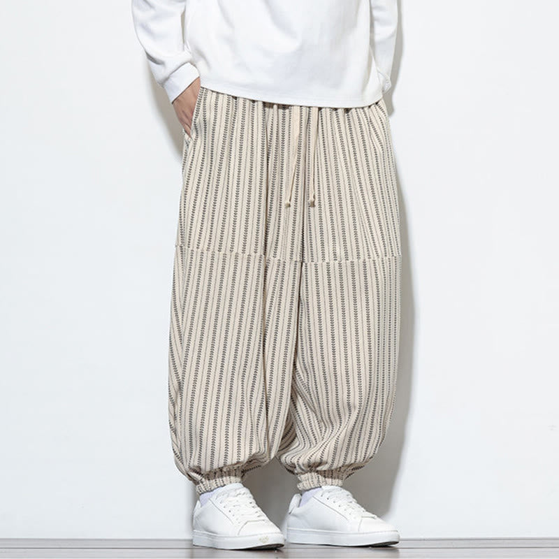 Buddha Stones秋 ストライプ柄 ドローストリング メンズ ハーレム コーデュロイ パンツ ポケット付き - image 22