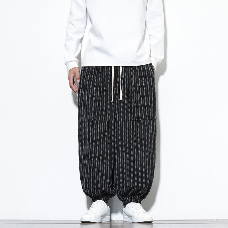 Buddha Stones秋 ストライプ柄 ドローストリング メンズ ハーレム コーデュロイ パンツ ポケット付き - 黒 - US/UK/AU46、 EU56 (5XL) - image 8