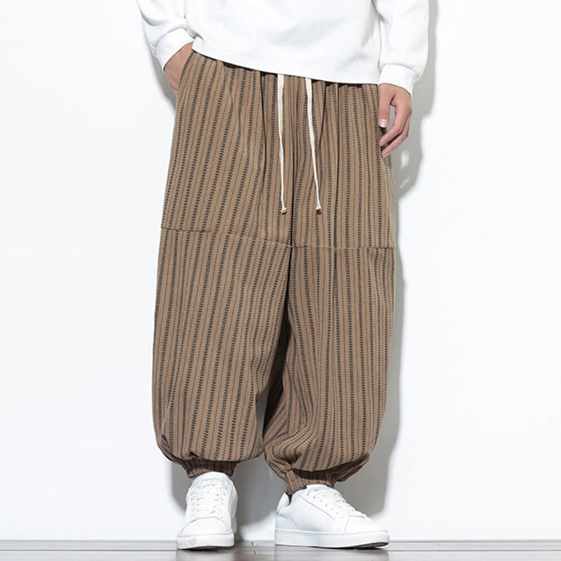 Buddha Stones秋 ストライプ柄 ドローストリング メンズ ハーレム コーデュロイ パンツ ポケット付き - image 57