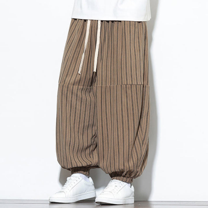 Buddha Stones秋 ストライプ柄 ドローストリング メンズ ハーレム コーデュロイ パンツ ポケット付き - image 60