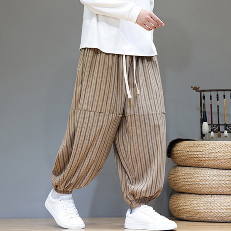 Buddha Stones秋 ストライプ柄 ドローストリング メンズ ハーレム コーデュロイ パンツ ポケット付き - image 64