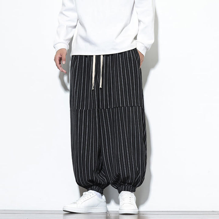 Buddha Stones秋 ストライプ柄 ドローストリング メンズ ハーレム コーデュロイ パンツ ポケット付き - image 11