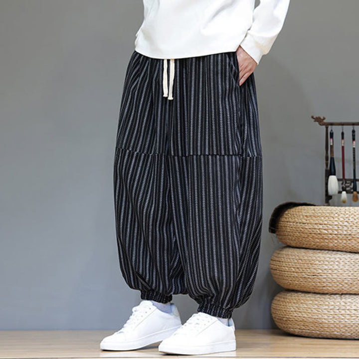 Buddha Stones秋 ストライプ柄 ドローストリング メンズ ハーレム コーデュロイ パンツ ポケット付き - image 5