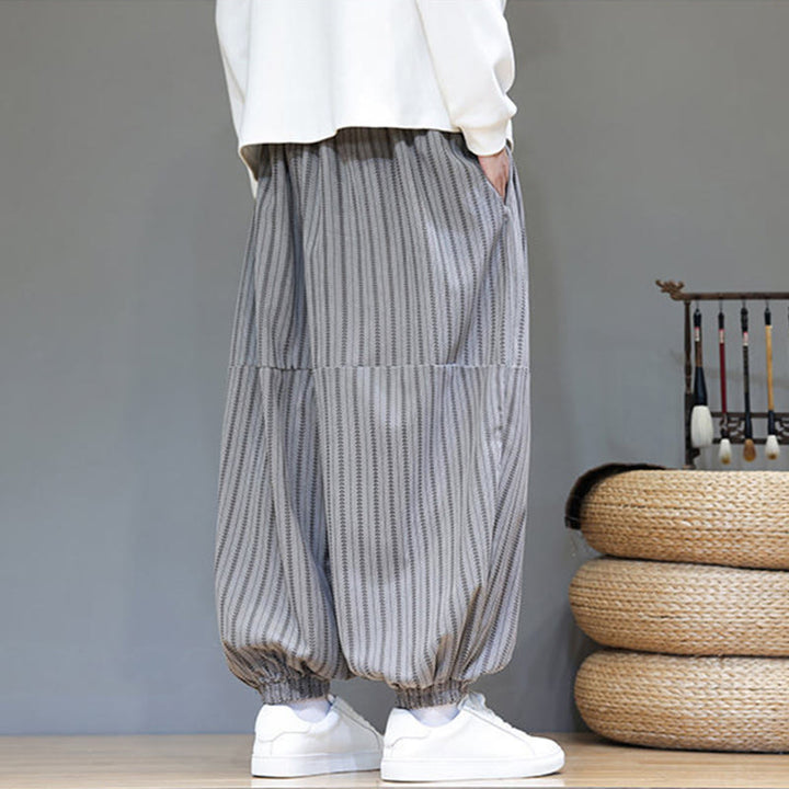 Buddha Stones秋 ストライプ柄 ドローストリング メンズ ハーレム コーデュロイ パンツ ポケット付き - image 48