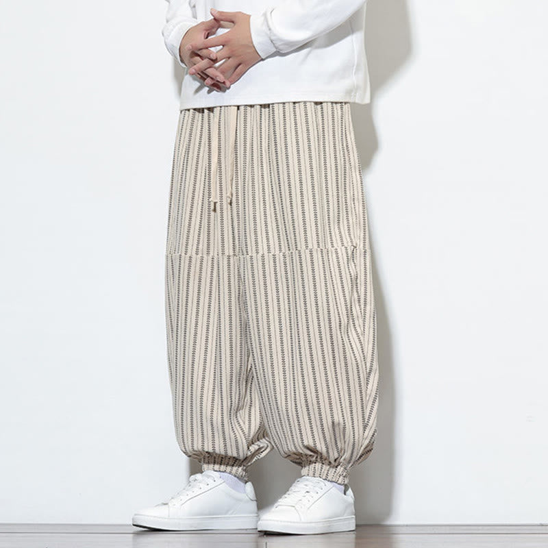 Buddha Stones秋 ストライプ柄 ドローストリング メンズ ハーレム コーデュロイ パンツ ポケット付き - image 23