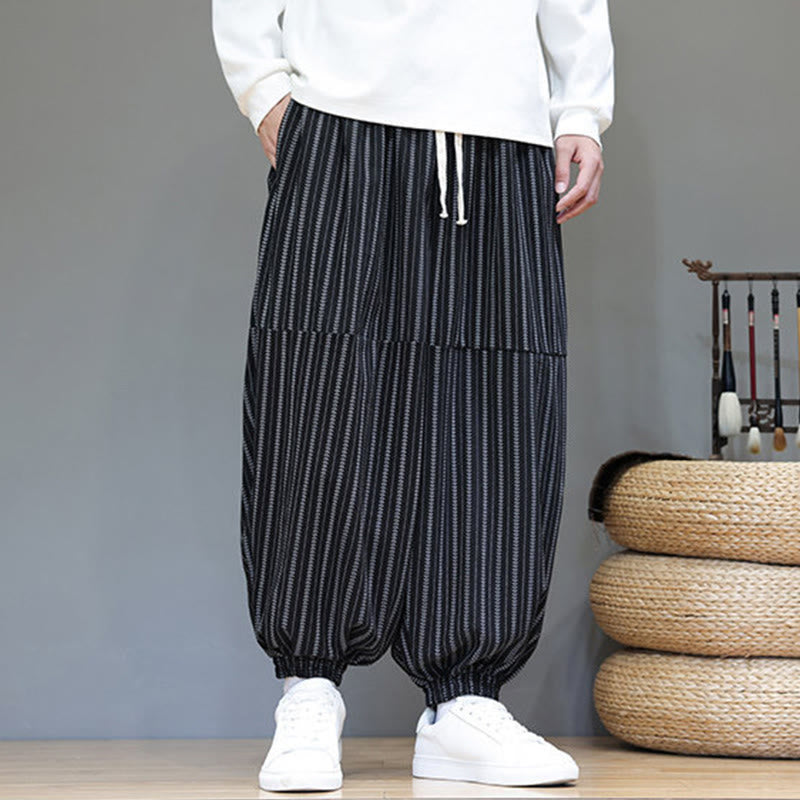 Buddha Stones秋 ストライプ柄 ドローストリング メンズ ハーレム コーデュロイ パンツ ポケット付き - image 7