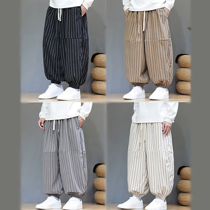 Buddha Stones秋 ストライプ柄 ドローストリング メンズ ハーレム コーデュロイ パンツ ポケット付き - image 70