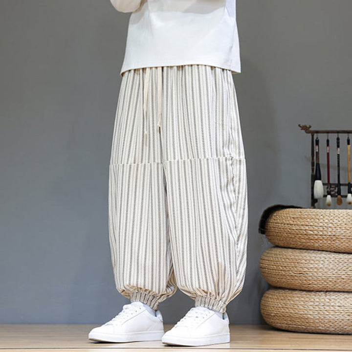 Buddha Stones秋 ストライプ柄 ドローストリング メンズ ハーレム コーデュロイ パンツ ポケット付き - image 28
