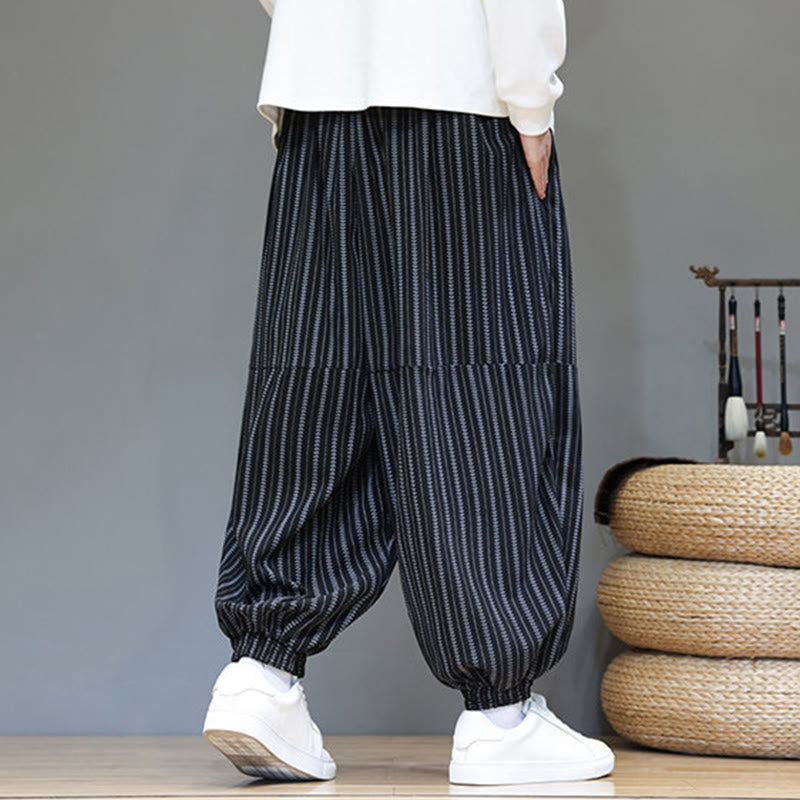 Buddha Stones秋 ストライプ柄 ドローストリング メンズ ハーレム コーデュロイ パンツ ポケット付き - image 6