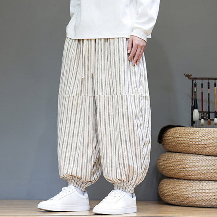 Buddha Stones秋 ストライプ柄 ドローストリング メンズ ハーレム コーデュロイ パンツ ポケット付き - image 30