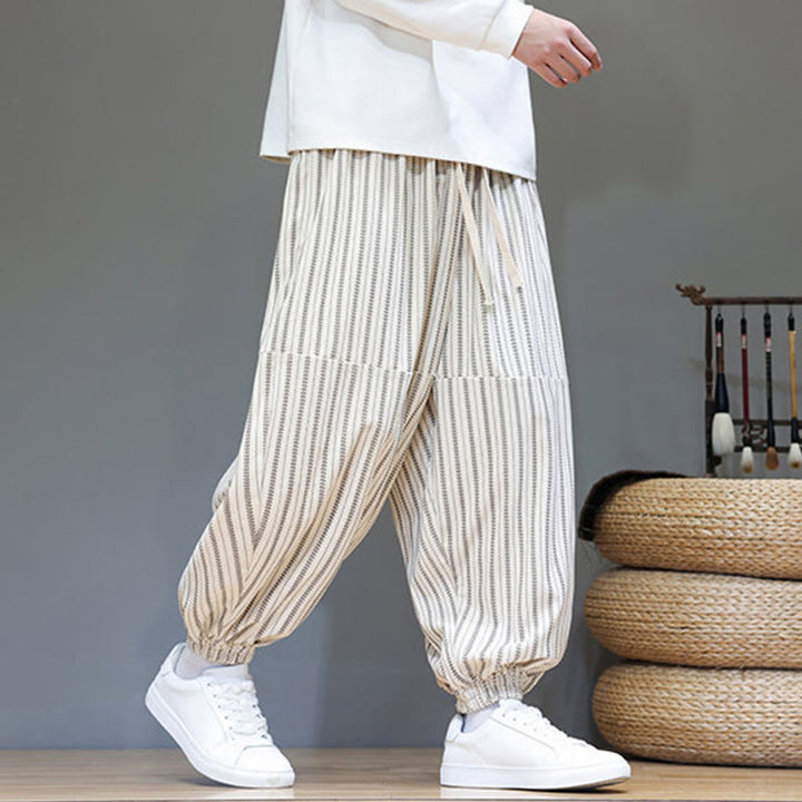 Buddha Stones秋 ストライプ柄 ドローストリング メンズ ハーレム コーデュロイ パンツ ポケット付き - image 27