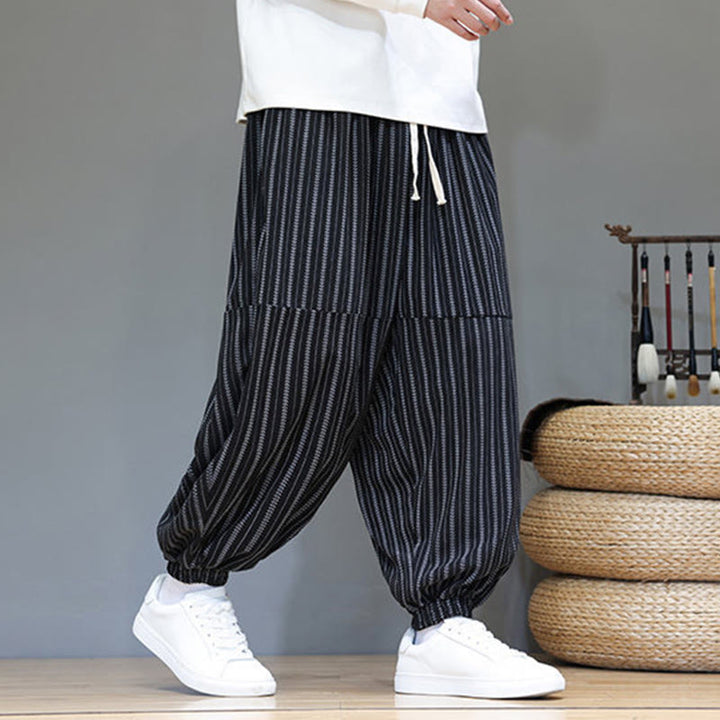 Buddha Stones秋 ストライプ柄 ドローストリング メンズ ハーレム コーデュロイ パンツ ポケット付き - image 2