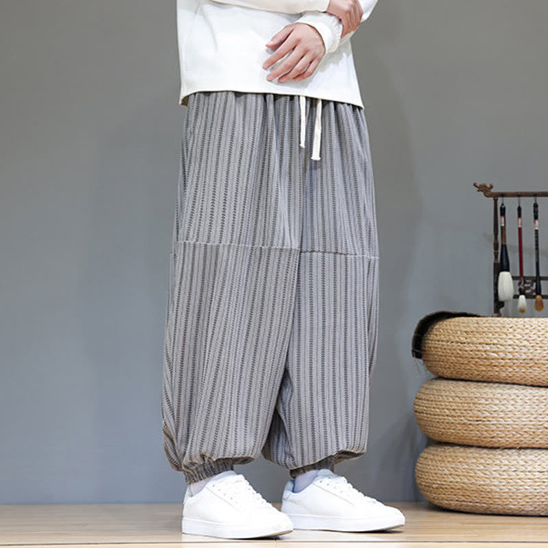 Buddha Stones秋 ストライプ柄 ドローストリング メンズ ハーレム コーデュロイ パンツ ポケット付き - image 46