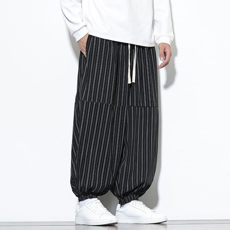 Buddha Stones秋 ストライプ柄 ドローストリング メンズ ハーレム コーデュロイ パンツ ポケット付き - image 12