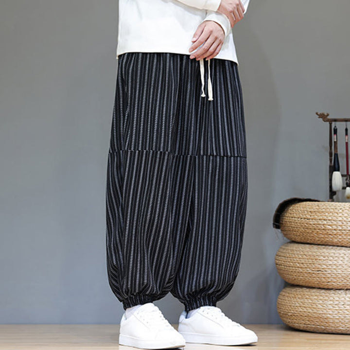 Buddha Stones秋 ストライプ柄 ドローストリング メンズ ハーレム コーデュロイ パンツ ポケット付き - image 4