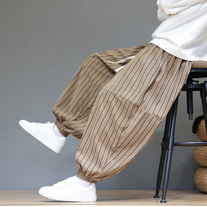 Buddha Stones秋 ストライプ柄 ドローストリング メンズ ハーレム コーデュロイ パンツ ポケット付き - image 69