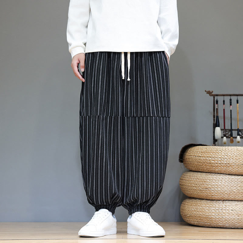 Buddha Stones秋 ストライプ柄 ドローストリング メンズ ハーレム コーデュロイ パンツ ポケット付き - image 1