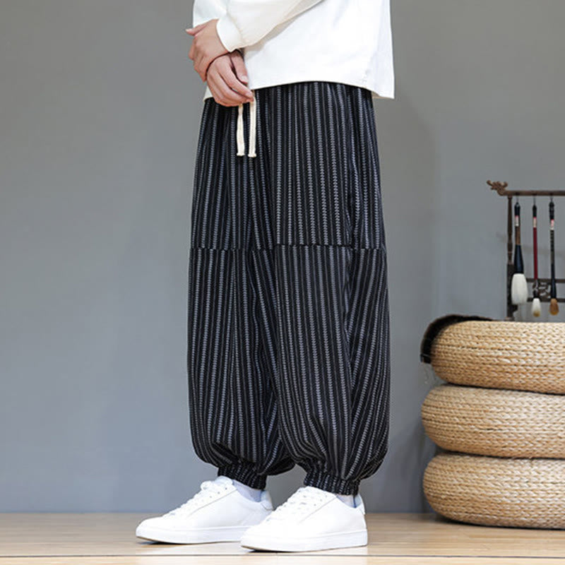 Buddha Stones秋 ストライプ柄 ドローストリング メンズ ハーレム コーデュロイ パンツ ポケット付き - image 3