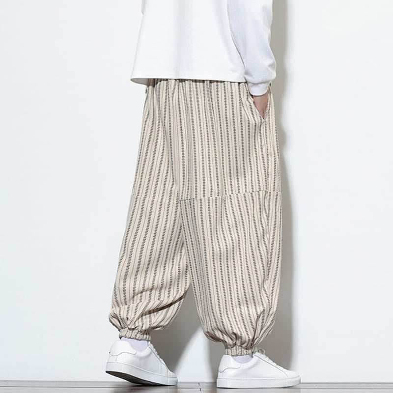 Buddha Stones秋 ストライプ柄 ドローストリング メンズ ハーレム コーデュロイ パンツ ポケット付き - image 21