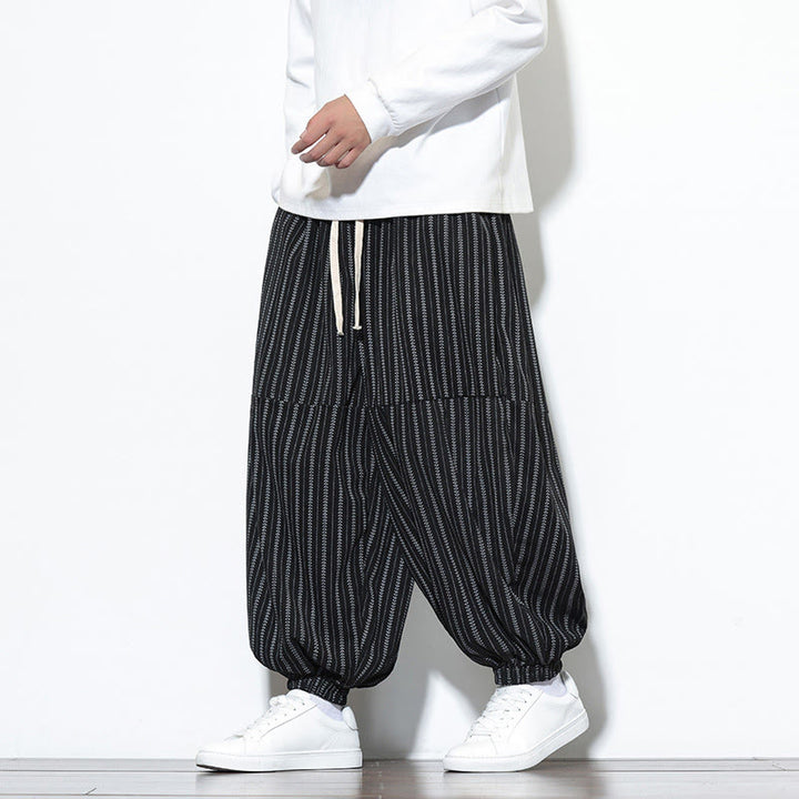 Buddha Stones秋 ストライプ柄 ドローストリング メンズ ハーレム コーデュロイ パンツ ポケット付き - image 10