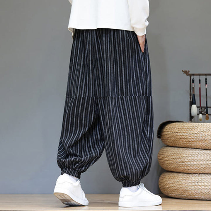 Buddha Stones秋 ストライプ柄 ドローストリング メンズ ハーレム コーデュロイ パンツ ポケット付き - image 6