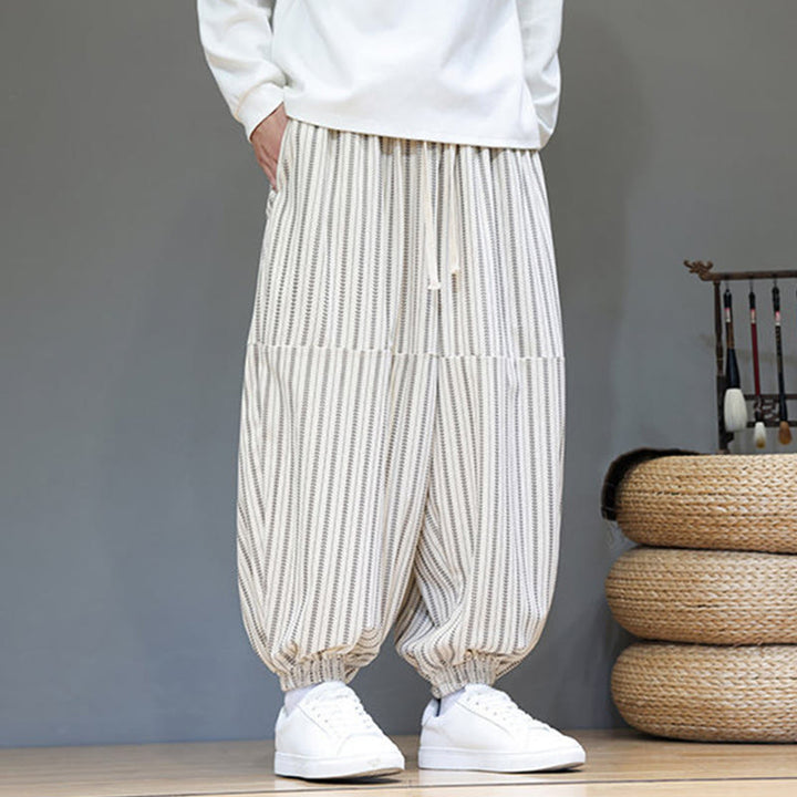 Buddha Stones秋 ストライプ柄 ドローストリング メンズ ハーレム コーデュロイ パンツ ポケット付き - image 29
