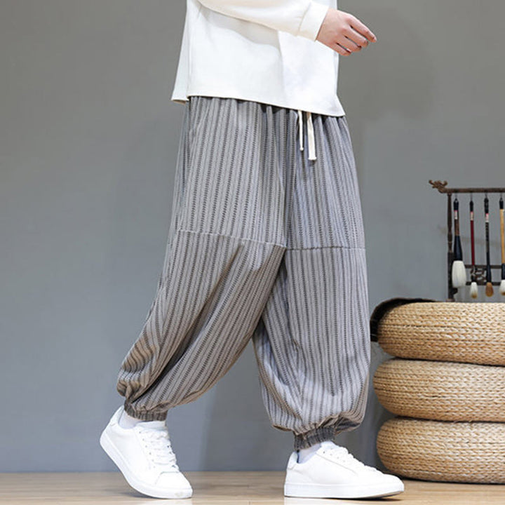 Buddha Stones秋 ストライプ柄 ドローストリング メンズ ハーレム コーデュロイ パンツ ポケット付き - image 44