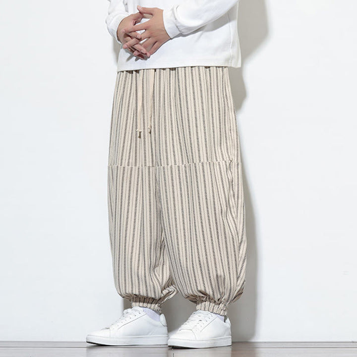 Buddha Stones秋 ストライプ柄 ドローストリング メンズ ハーレム コーデュロイ パンツ ポケット付き - image 23