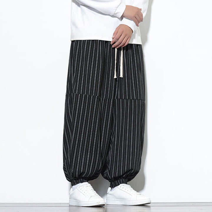Buddha Stones秋 ストライプ柄 ドローストリング メンズ ハーレム コーデュロイ パンツ ポケット付き - image 14