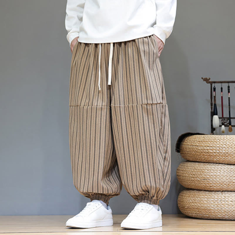 Buddha Stones秋 ストライプ柄 ドローストリング メンズ ハーレム コーデュロイ パンツ ポケット付き - image 67