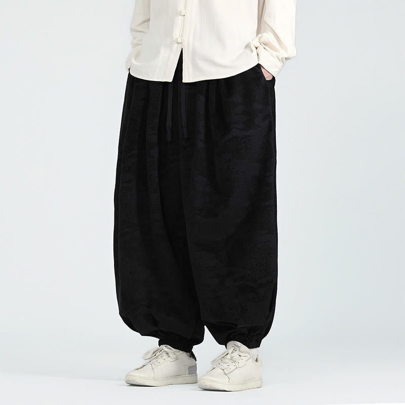 Buddha Stones秋冬 無地 ジャカードデザイン ドローストリング メンズ ハーレムパンツ ポケット付き - 黒 - US/UK/AU46、 EU56 (5XL) - image 8