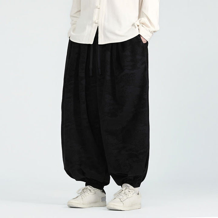 Buddha Stones秋冬 無地 ジャカードデザイン ドローストリング メンズ ハーレムパンツ ポケット付き - 黒 - US/UK/AU46、 EU56 (5XL) - image 8