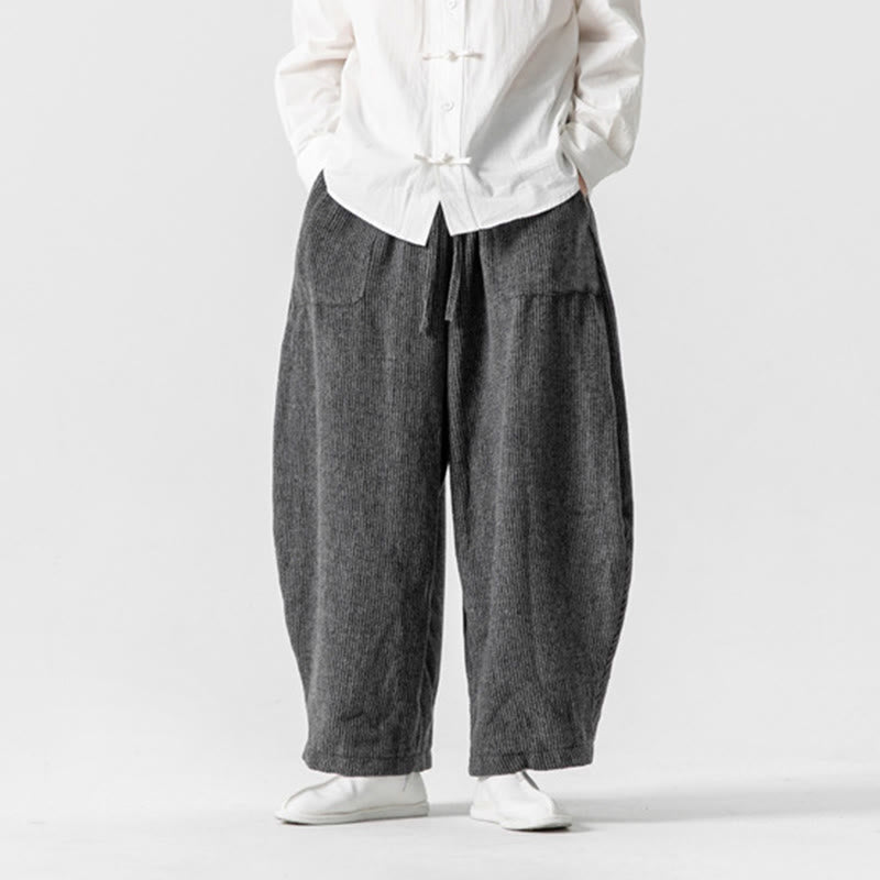 Buddha Stonesデイリー 無地 ドローストリングデザイン メンズ ワイドレッグ コットンパンツ ポケット付き - image 2