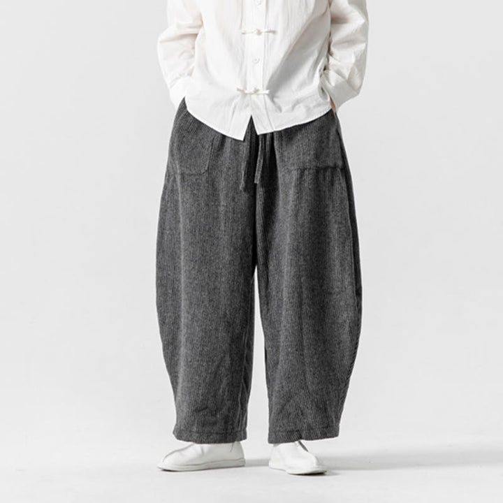 Buddha Stonesデイリー 無地 ドローストリングデザイン メンズ ワイドレッグ コットンパンツ ポケット付き - image 2
