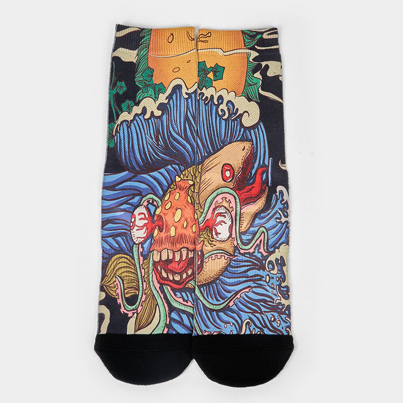 Buddha Stonesカジュアル 鮮やかな魚 流れる波 マイクロクルー メンズ レディース ユニセックス ソックス - image 1