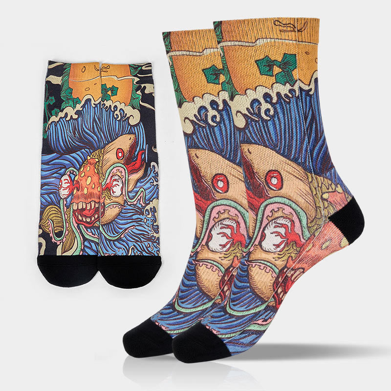 Buddha Stonesカジュアル 鮮やかな魚 流れる波 マイクロクルー メンズ レディース ユニセックス ソックス - スチールブルー - ML（米国サイズ8-12、EU41-45、UK/AU7.5-11.5、アジアサイズ25.5-28.5cm） - image 0
