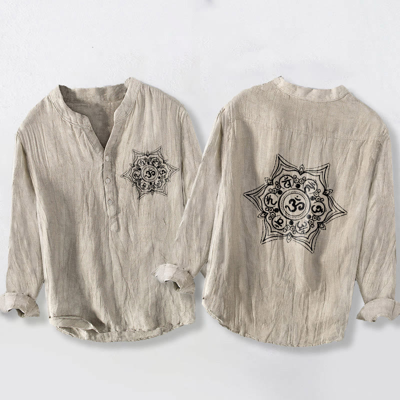 Buddha Stones、オーム・マニ・パドメ・フム、マンダラ、ハーフボタンデザイン、長袖メンズコットンリネンシャツ - リネン - US/UK/AU50、EU60 (5XL) - image 3