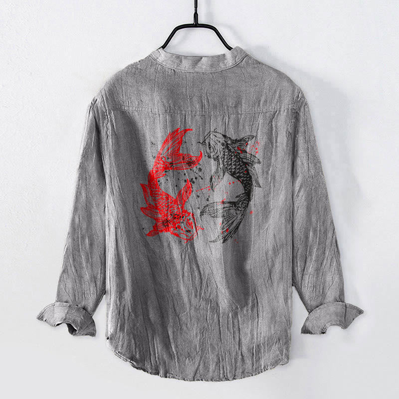 Buddha Stones、陰陽、鯉の模様、ハーフボタンデザイン、メンズ長袖コットンリネンシャツ - image 2