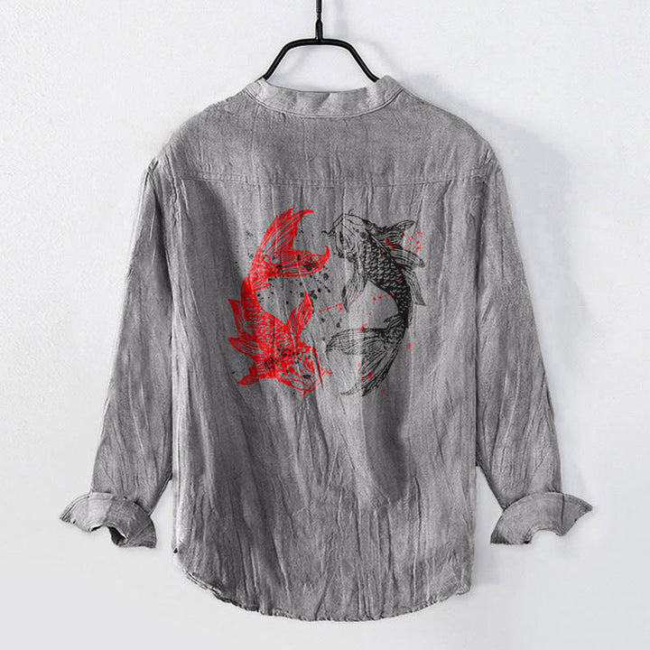 Buddha Stones、陰陽、鯉の模様、ハーフボタンデザイン、メンズ長袖コットンリネンシャツ - image 2