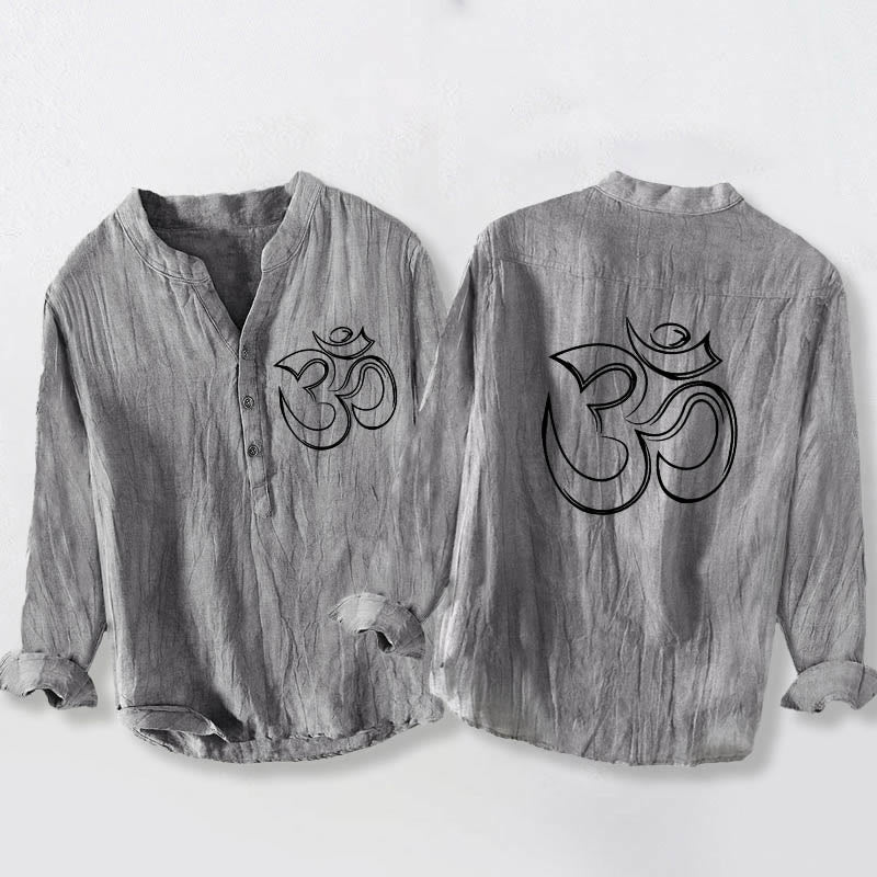 Buddha Stonesと無地オームシンボル柄ハーフボタンデザイン メンズ コットンリネン 長袖シャツ - グレー - US/UK/AU50、EU60 (5XL) - image 0