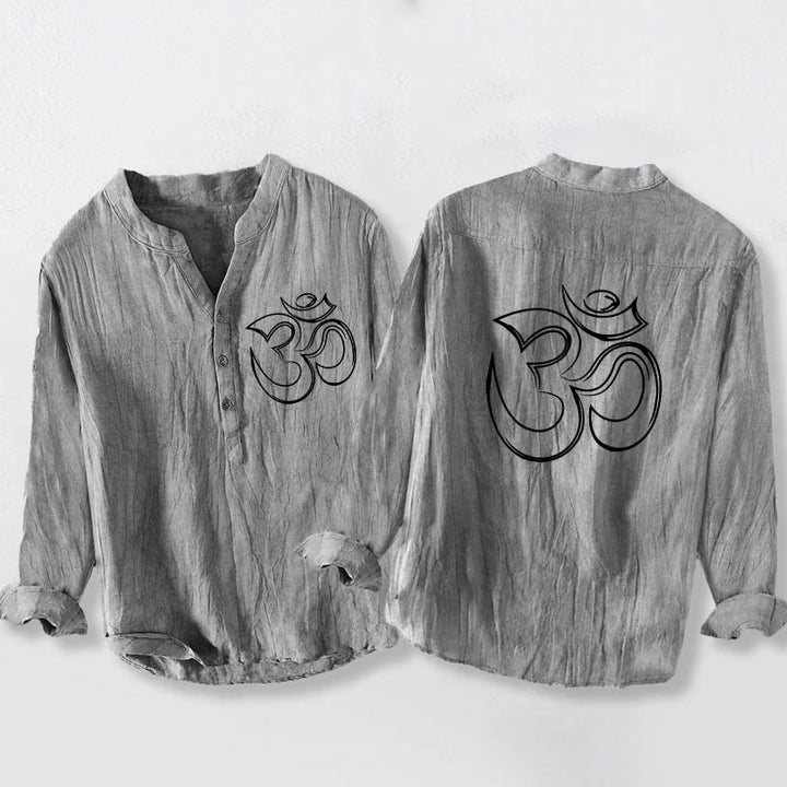 Buddha Stonesと無地オームシンボル柄ハーフボタンデザイン メンズ コットンリネン 長袖シャツ - グレー - US/UK/AU50、EU60 (5XL) - image 0