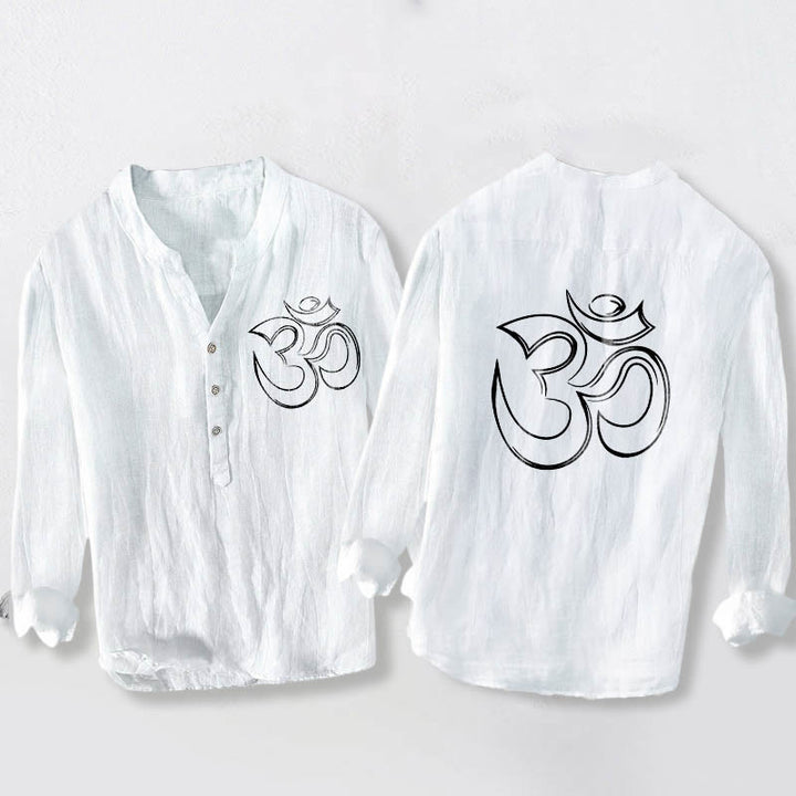 Buddha Stonesと無地オームシンボル柄ハーフボタンデザイン メンズ コットンリネン 長袖シャツ - 白 - US/UK/AU50、EU60 (5XL) - image 6