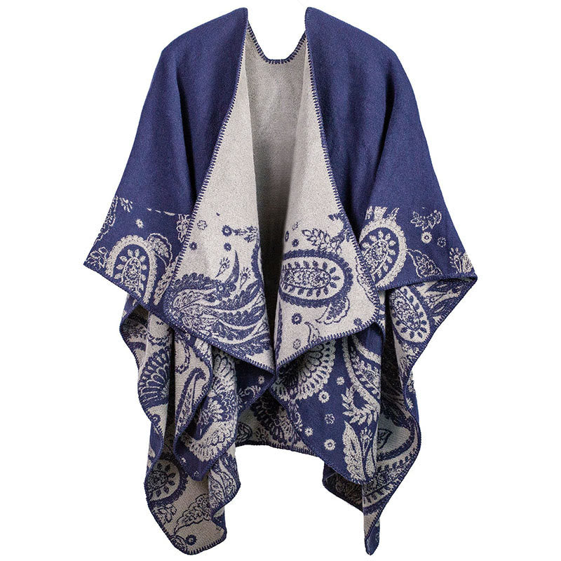 Buddha Stones秋冬 チベットペイズリー柄 ショール 保温性 ユニセックス スカーフ ラップ - ダークスレートブルー - image 6