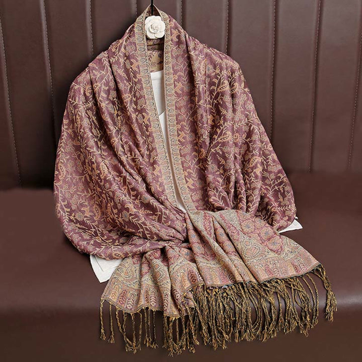Buddha Stonesチベット ジャカード ペイズリー 花柄 カラーコントラストデザイン タッセル 心地よいスカーフ ショール - インディアンレッド - image 31