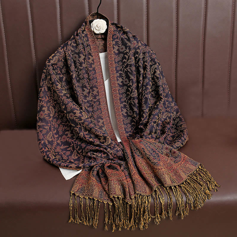 Buddha Stonesチベット ジャカード ペイズリー 花柄 カラーコントラストデザイン タッセル 心地よいスカーフ ショール - インジゴ - image 27