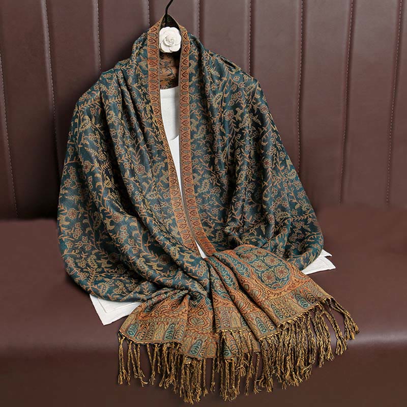 Buddha Stonesチベット ジャカード ペイズリー 花柄 カラーコントラストデザイン タッセル 心地よいスカーフ ショール - シーグリーン - image 0